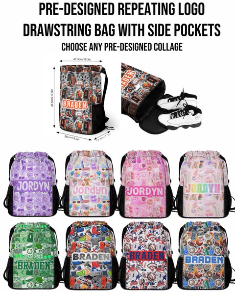 Create By D Pre-Designed Repeating Logo Drawstring Bag With Side Pockets