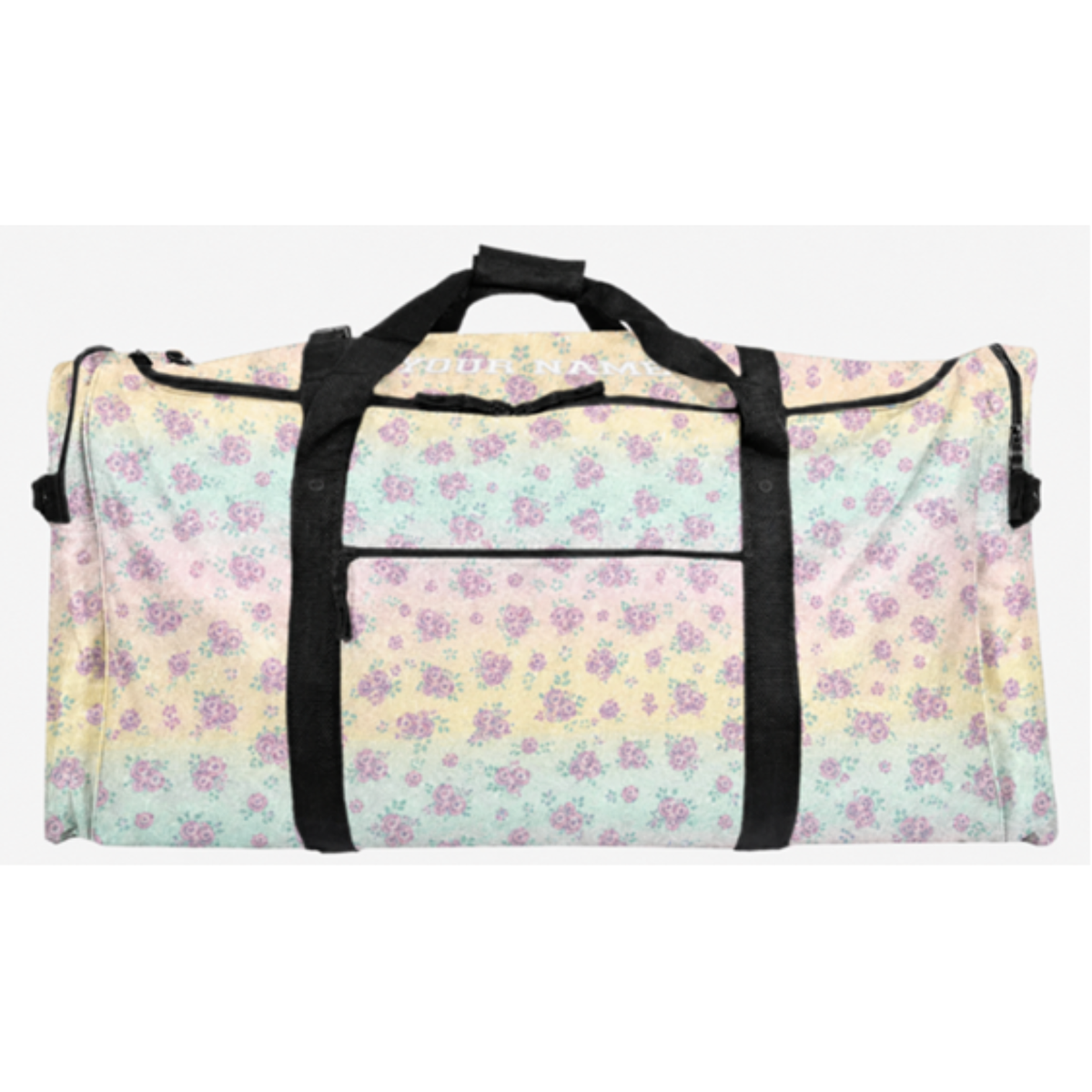 Duffle bag with pastel floral pattern and black straps