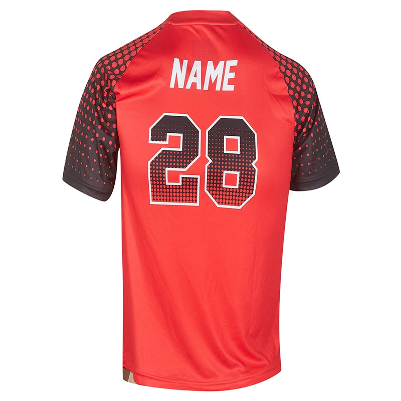 Red and black sports jersey back view with number 28 and name placeholder