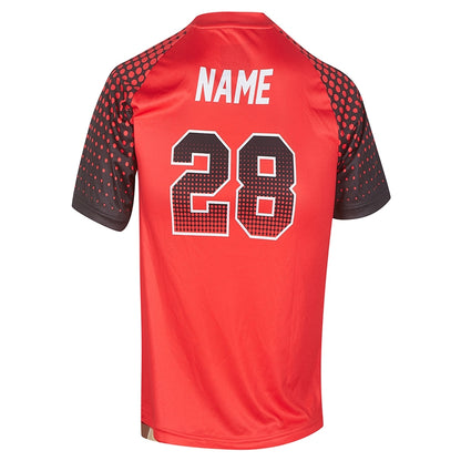 Red and black sports jersey back view with number 28 and name placeholder
