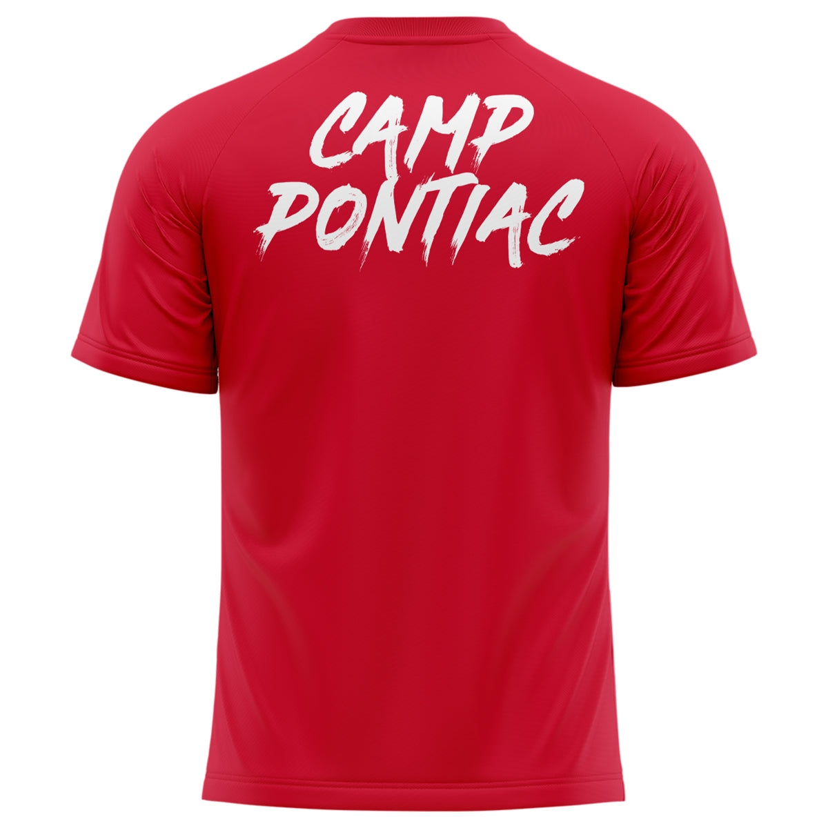 Red short sleeve shirt with white Camp Pontiac text on the back