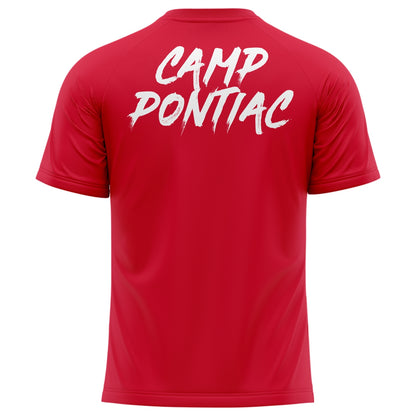 Red short sleeve shirt with white Camp Pontiac text on the back