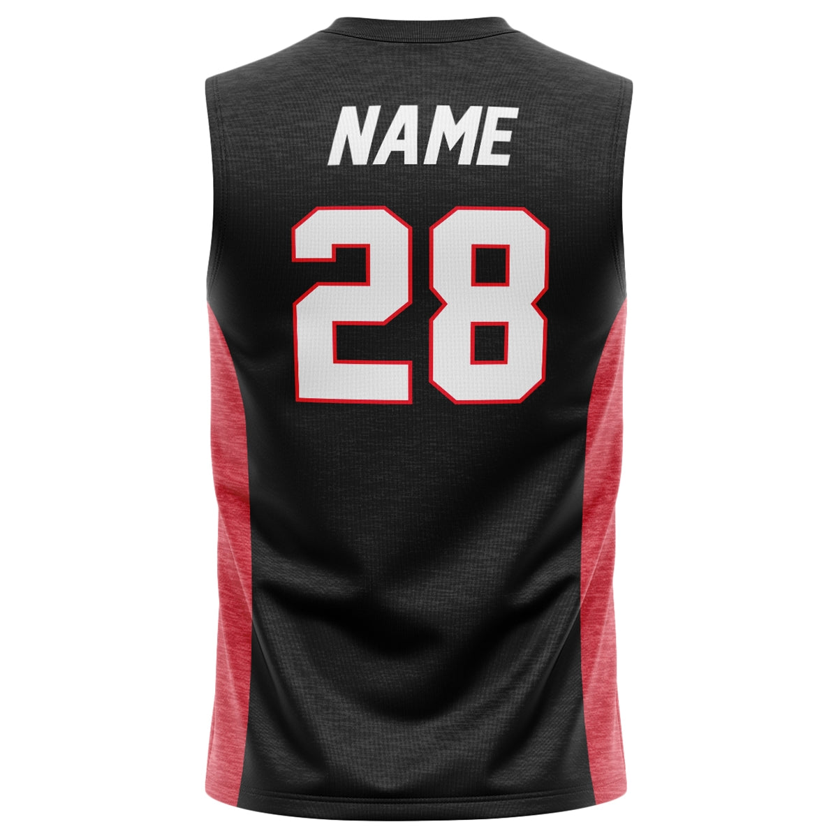 Back view of a black basketball jersey with red side panels and the number 28 in white with red outline