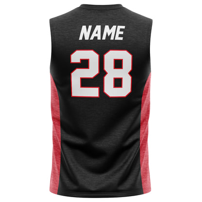 Back view of a black basketball jersey with red side panels and the number 28 in white with red outline