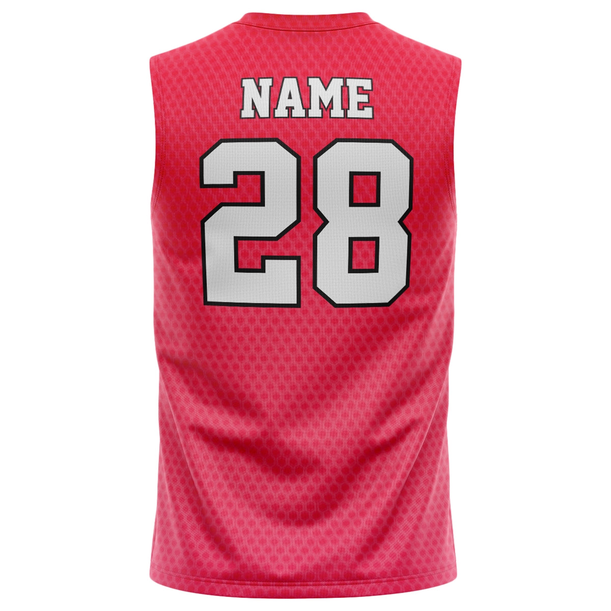 Back view of a red sleeveless sports jersey with the word Name and number 28 in white and black block lettering