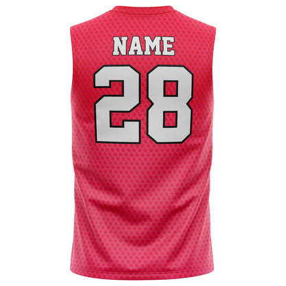 Back view of a red sleeveless sports jersey with the word Name and number 28 in white and black block lettering