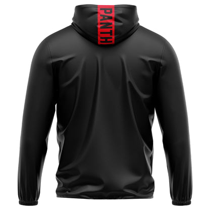 Back view of a black hoodie with a red vertical stripe on the hood featuring the text PANTH