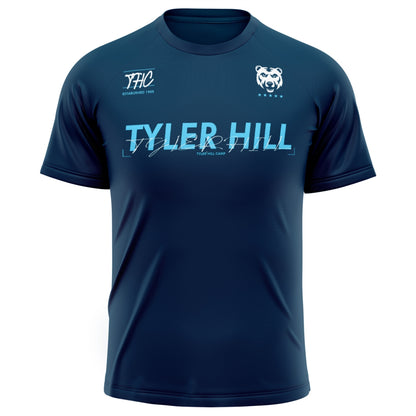Navy blue short sleeve athletic t-shirt with Tyler Hill Camp branding and bear logo