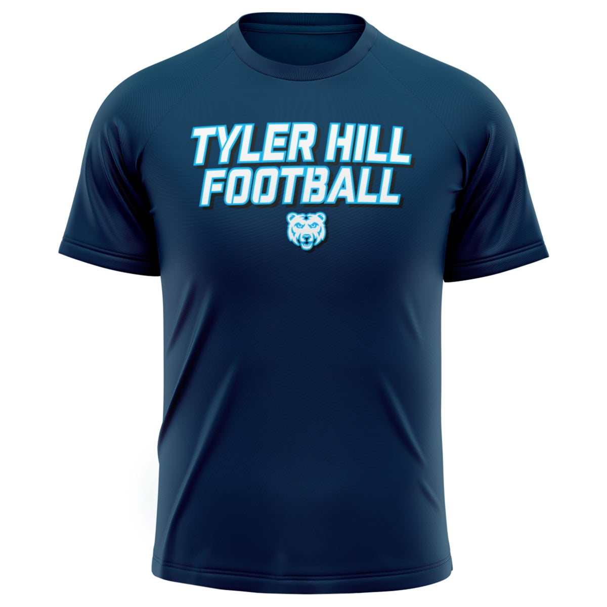 Navy blue short sleeve athletic t-shirt with Tyler Hill Football text and bear mascot logo