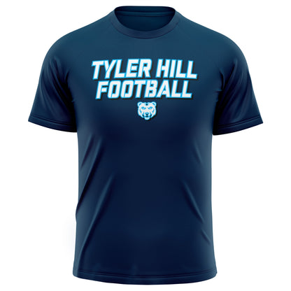 Navy blue short sleeve athletic t-shirt with Tyler Hill Football text and bear mascot logo