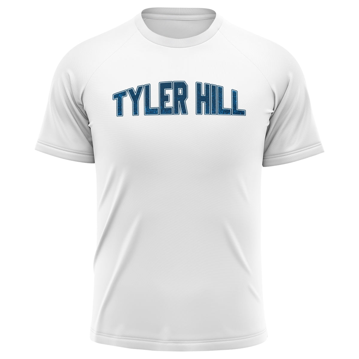 White short sleeve performance t-shirt with Tyler Hill text in blue block lettering on the chest