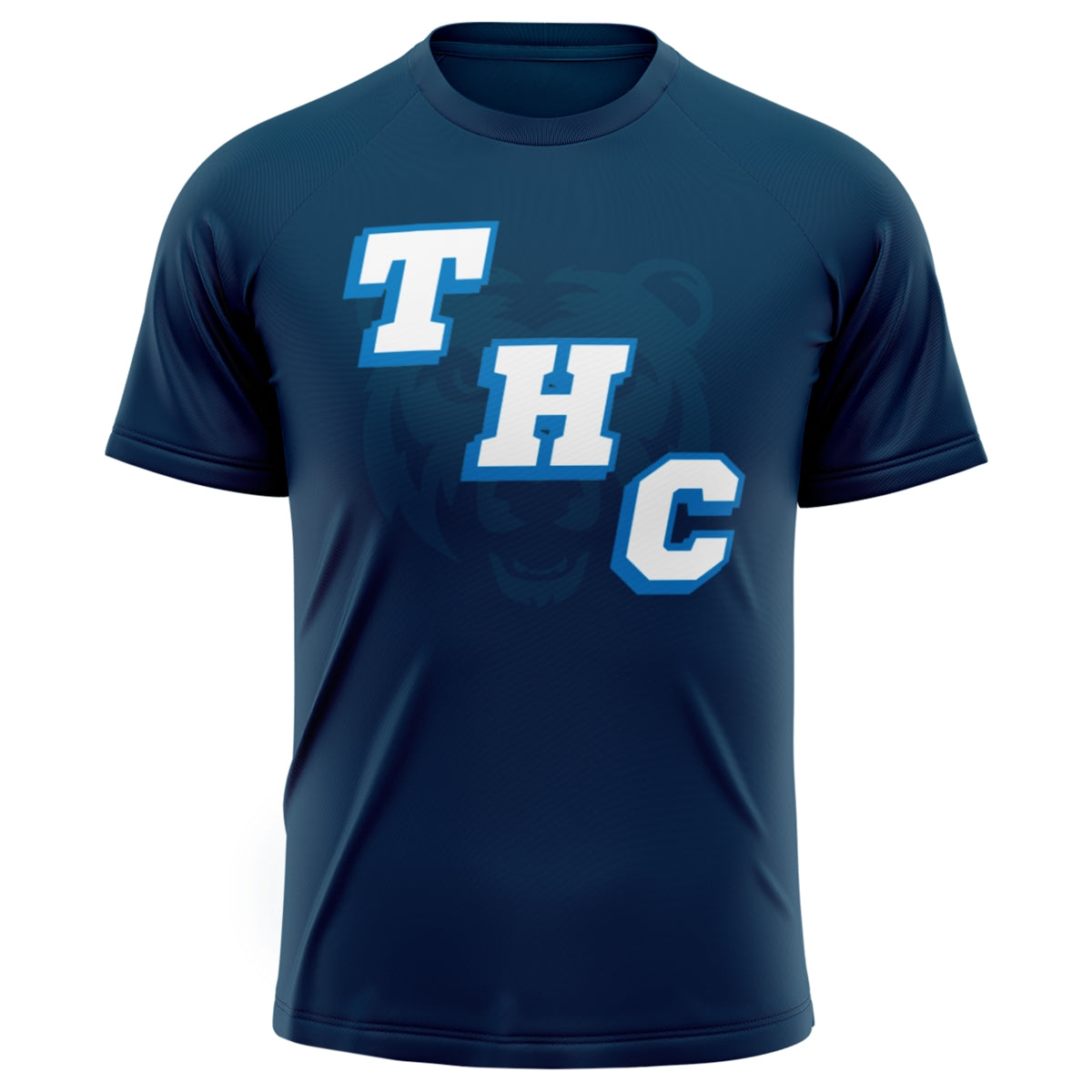 Navy blue short sleeve athletic t-shirt with white THC lettering and a faint bear graphic