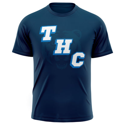 Navy blue short sleeve athletic t-shirt with white THC lettering and a faint bear graphic