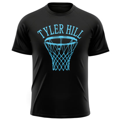 Black short sleeve t-shirt with light blue Tyler Hill text and basketball hoop graphic on chest