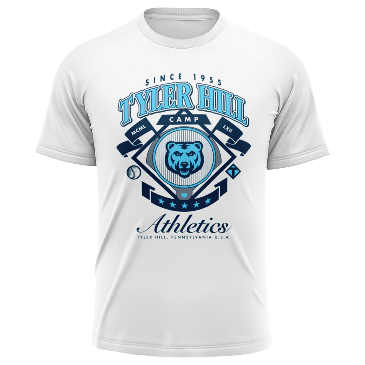 White short sleeve t-shirt with Tyler Hill Camp Athletics bear logo graphic