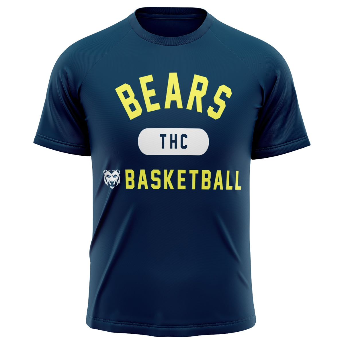 Navy blue short sleeve t-shirt with Bears THC Basketball text and bear head icon