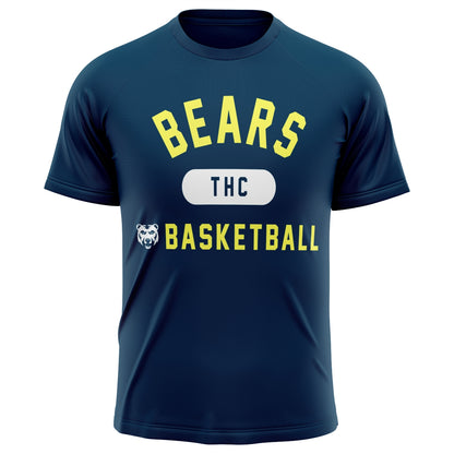Navy blue short sleeve t-shirt with Bears THC Basketball text and bear head icon