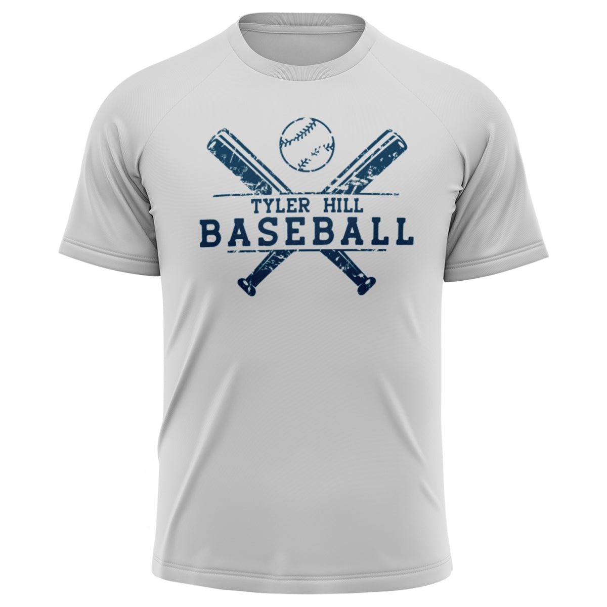 Light grey t-shirt with blue Tyler Hill Baseball graphic featuring crossed bats and a baseball