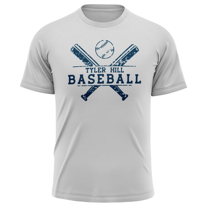 Light grey t-shirt with blue Tyler Hill Baseball graphic featuring crossed bats and a baseball
