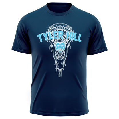 Navy blue short sleeve athletic shirt with Tyler Hill text and lacrosse stick bear logo graphic
