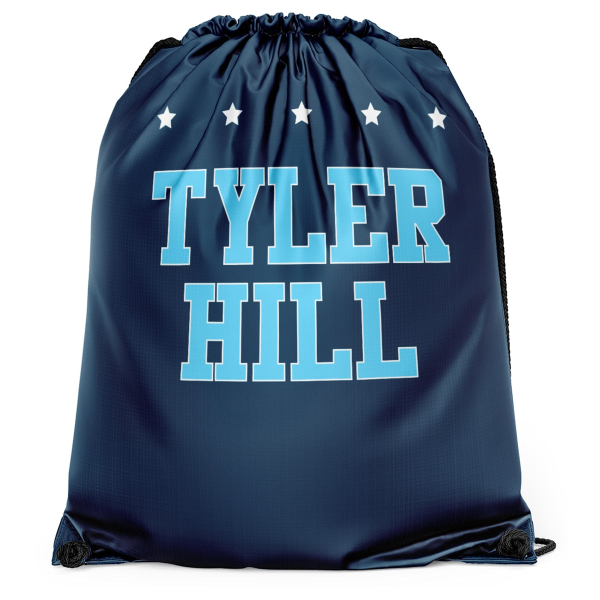 Navy blue drawstring bag with Tyler Hill text and five white stars