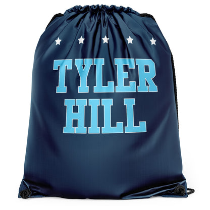 Navy blue drawstring bag with Tyler Hill text and five white stars
