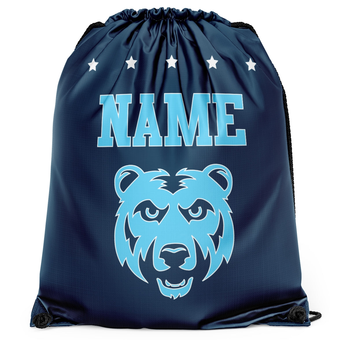 Navy blue drawstring bag with light blue bear mascot graphic and stars