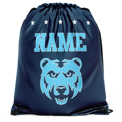 Navy blue drawstring bag with light blue bear mascot graphic and stars