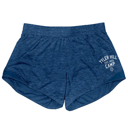 Blue heather athletic shorts with Tyler Hill Camp logo