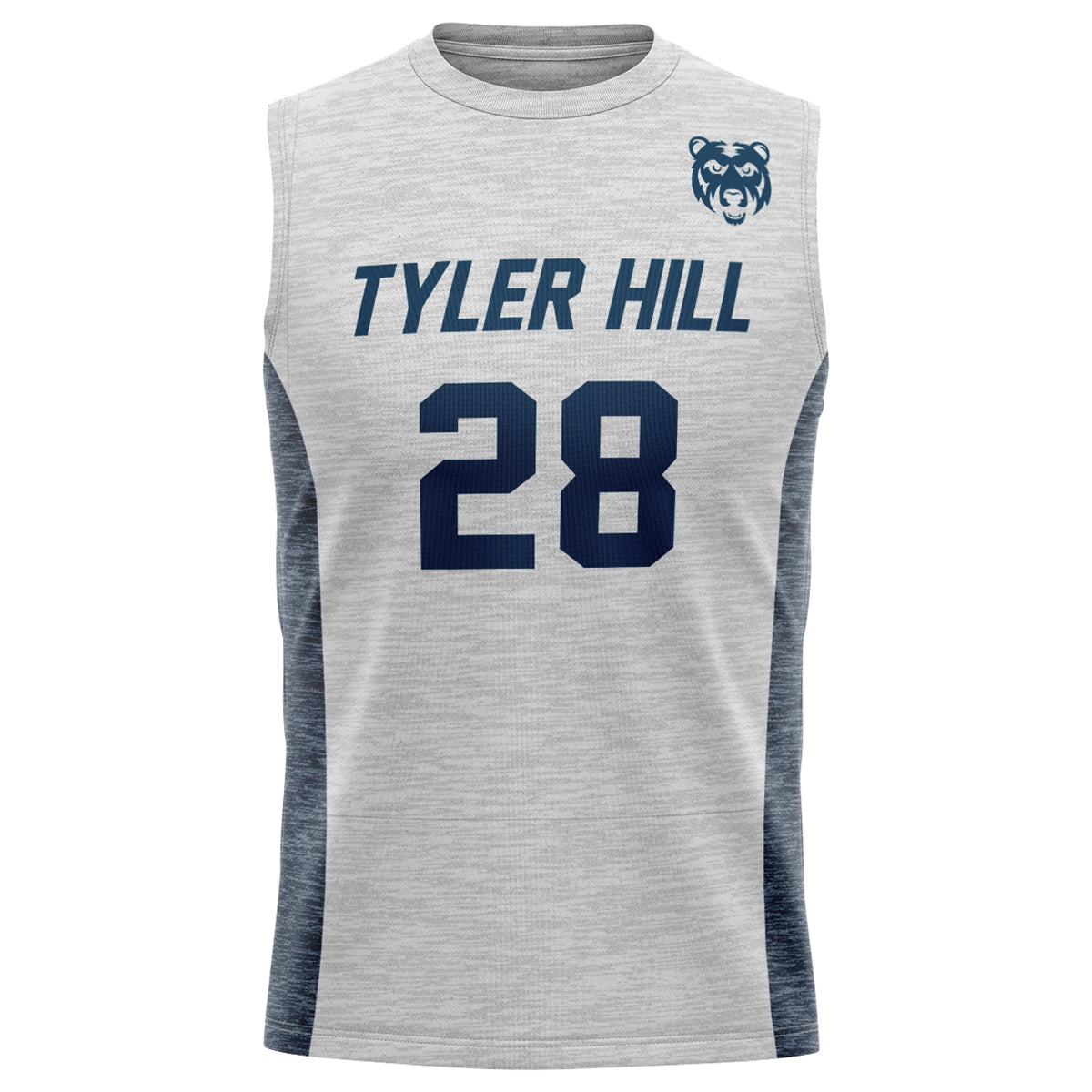 Grey sleeveless athletic jersey with Tyler Hill text and number 28 in navy blue