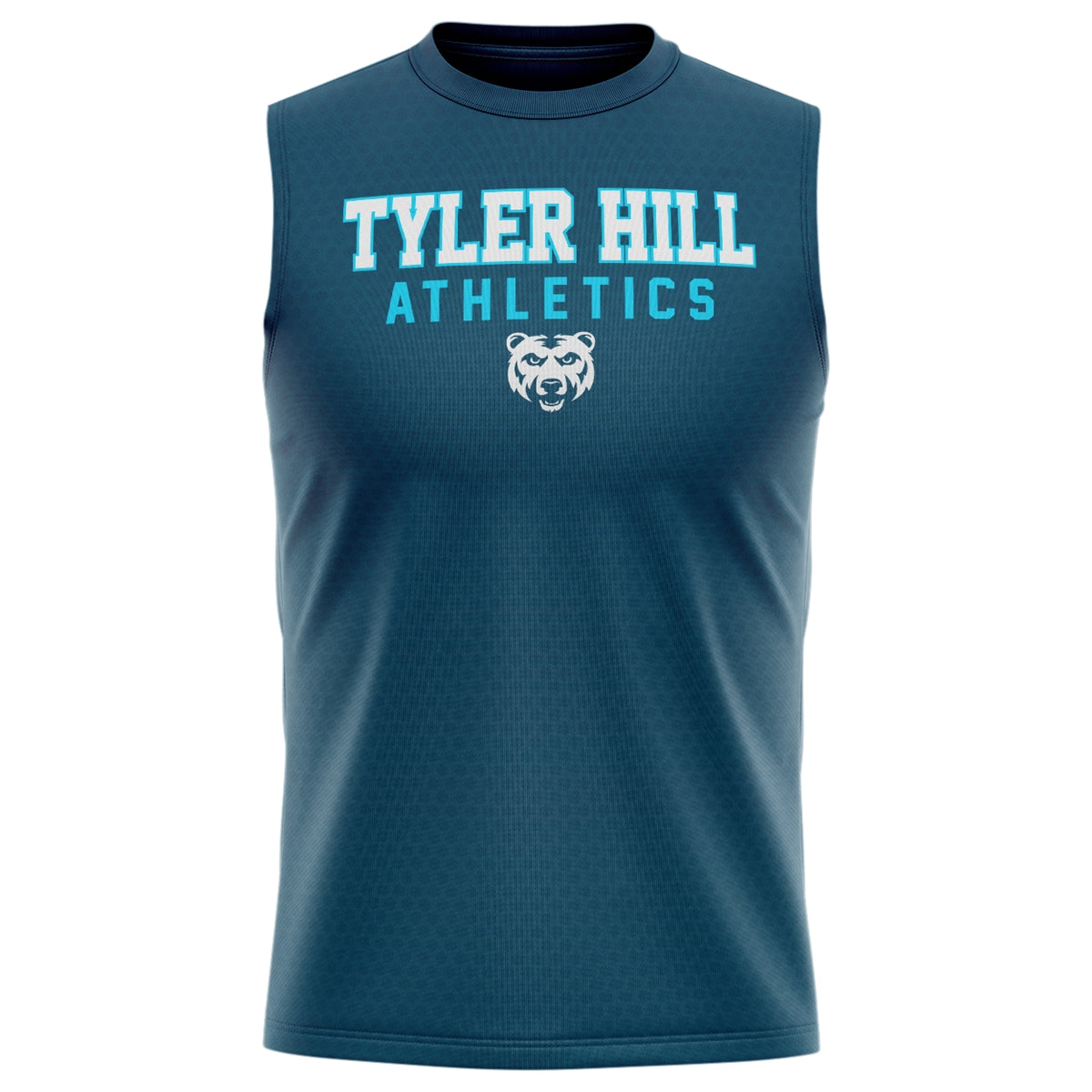 Dark blue sleeveless athletic shirt with Tyler Hill Athletics text and bear logo