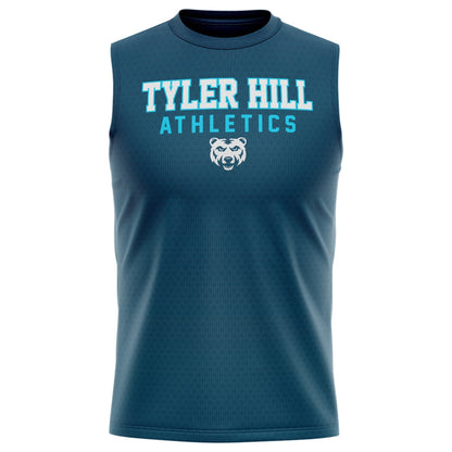 Dark blue sleeveless athletic shirt with Tyler Hill Athletics text and bear logo