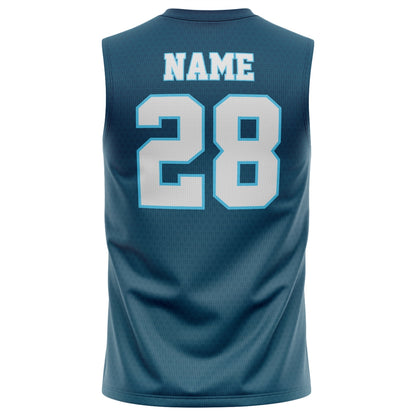 Back view of a teal basketball jersey with the word Name and number 28 in white and light blue