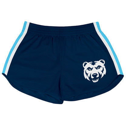 Navy blue athletic shorts with white and light blue side stripes and a white bear mascot graphic