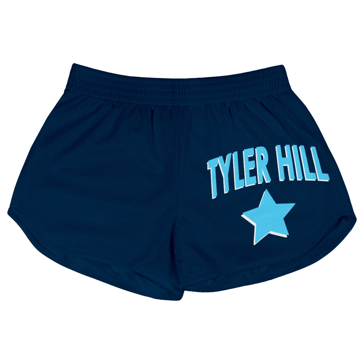 Navy blue mesh athletic shorts with Tyler Hill text and a light blue star graphic