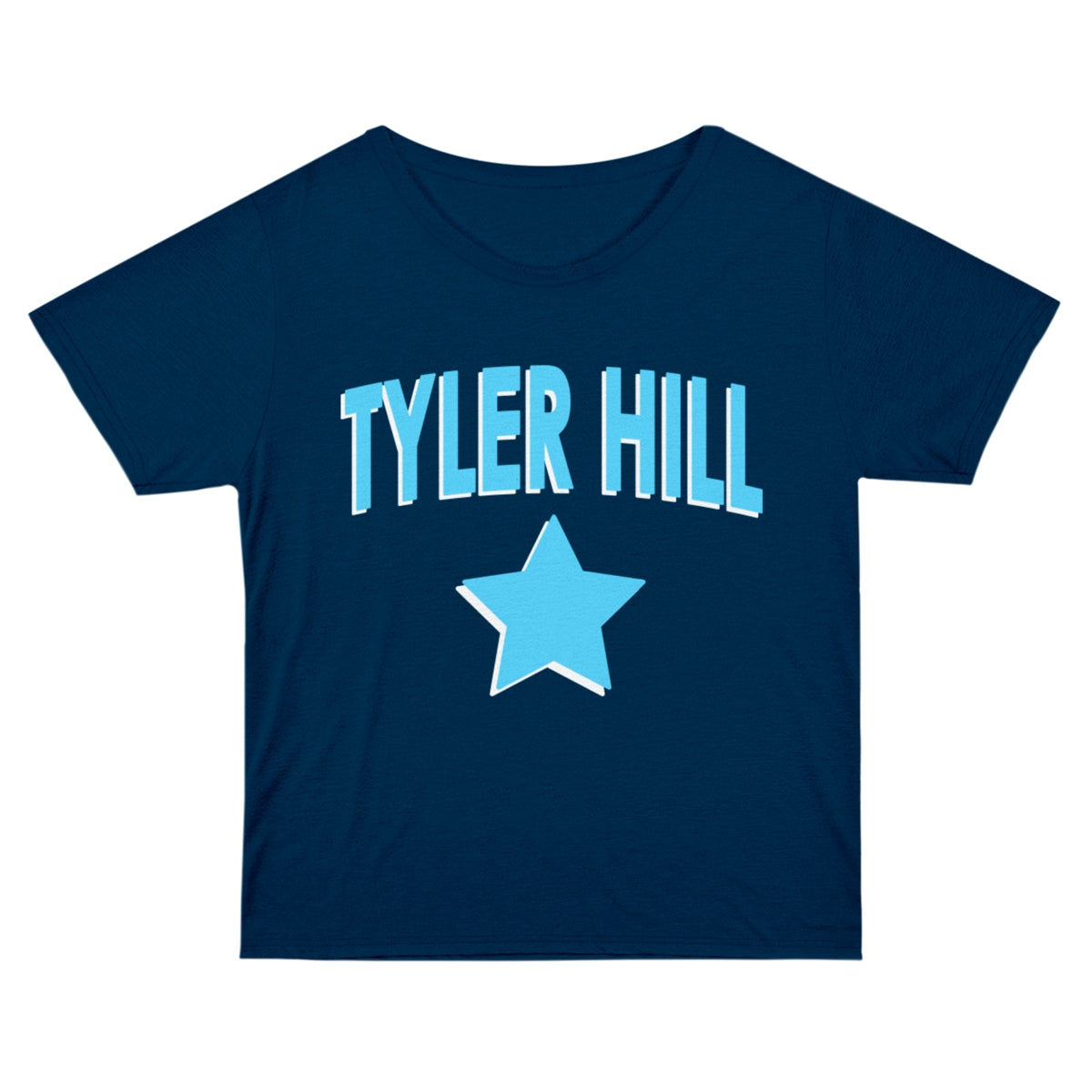 Navy blue t-shirt with light blue Tyler Hill text and a star graphic
