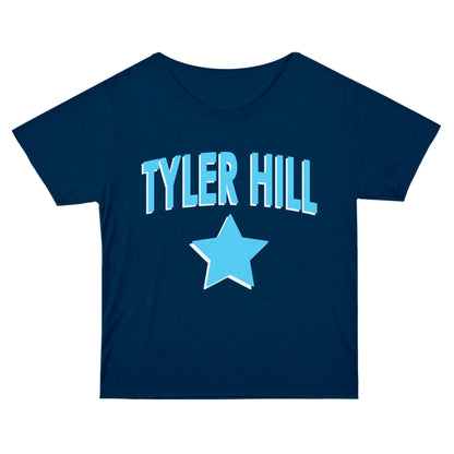 Navy blue t-shirt with light blue Tyler Hill text and a star graphic