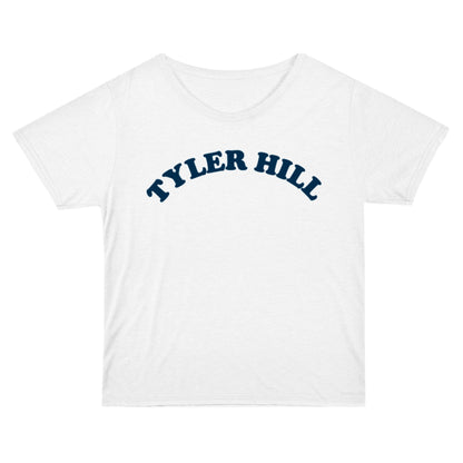 White short sleeve t-shirt with Tyler Hill text in navy blue arched font