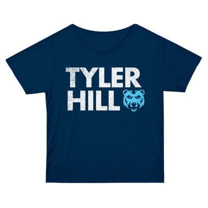 Navy blue t-shirt with white Tyler Hill text and a light blue bear graphic