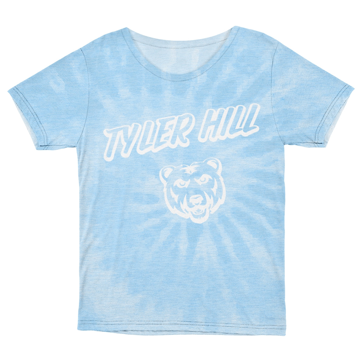 Light blue tie dye t-shirt with Tyler Hill text and bear graphic