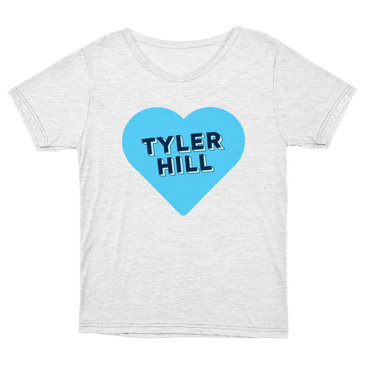 Light grey t-shirt with a blue heart graphic containing the text Tyler Hill