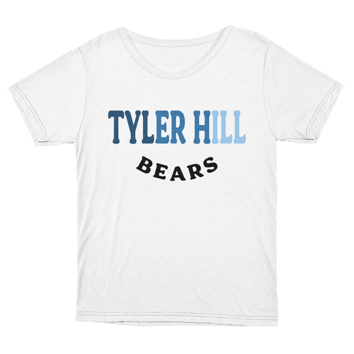 White short sleeve t-shirt with Tyler Hill Bears text in blue and black