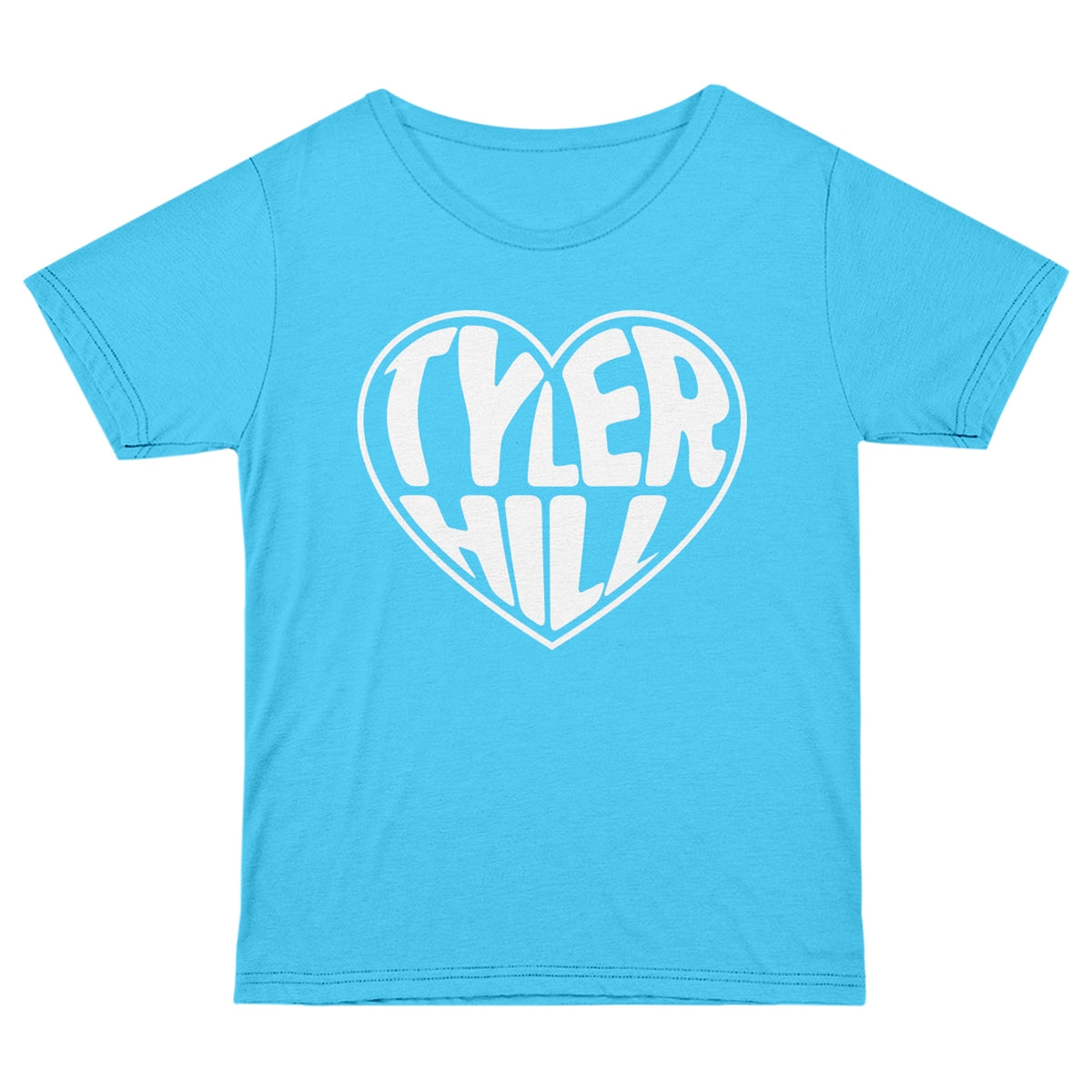 Light blue t-shirt with a white heart graphic containing the text Tyler Hill