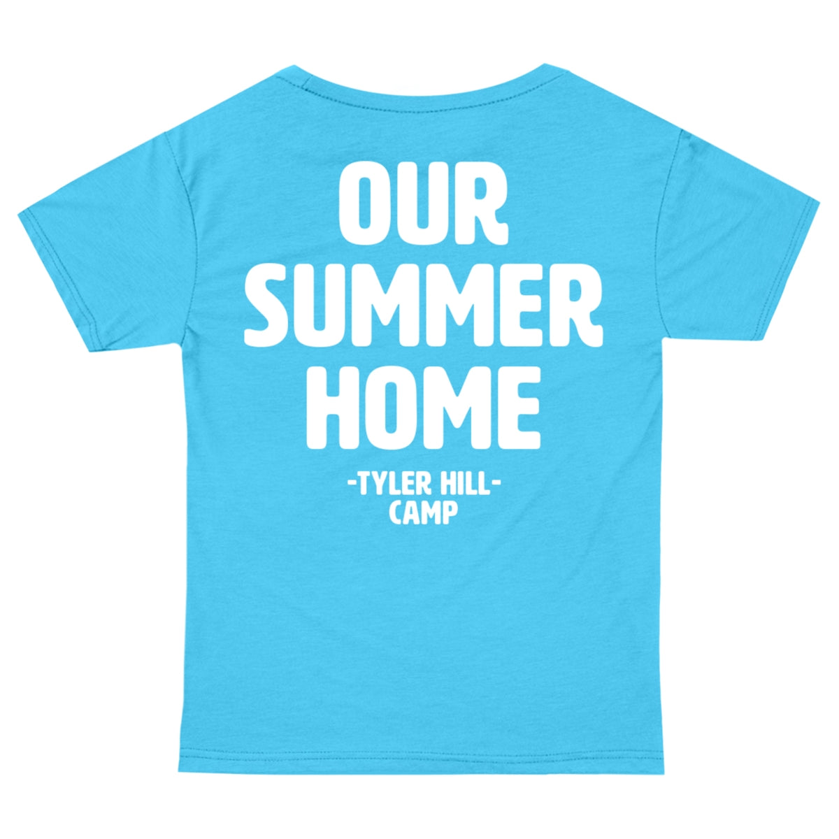 Light blue t-shirt with white text reading Our Summer Home Tyler Hill Camp on the back