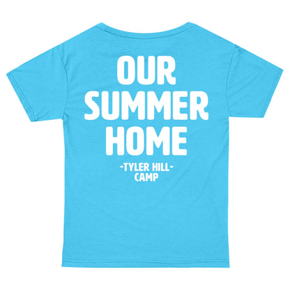 Light blue t-shirt with white text reading Our Summer Home Tyler Hill Camp on the back