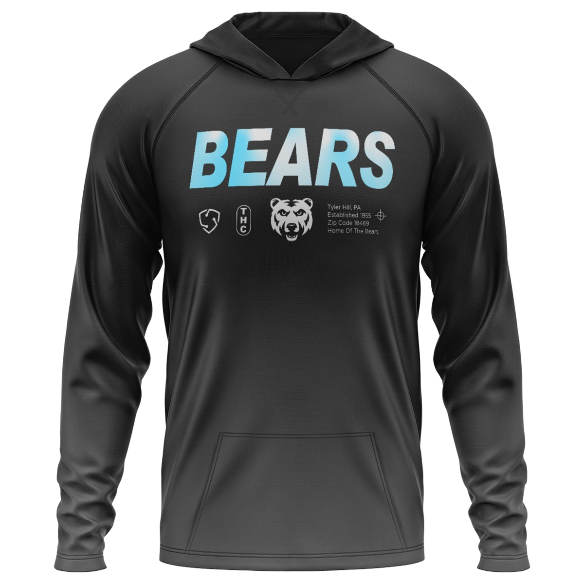 Black long sleeve hooded shirt with Bears text and Tyler Hill PA graphic
