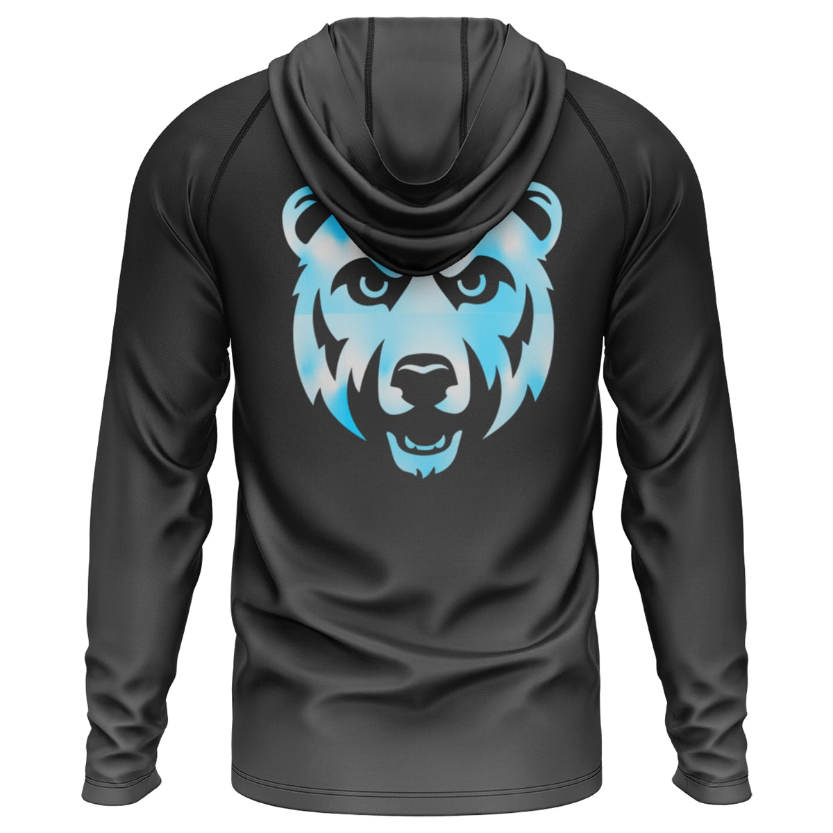Back view of a black long sleeve hoodie with a blue bear head graphic