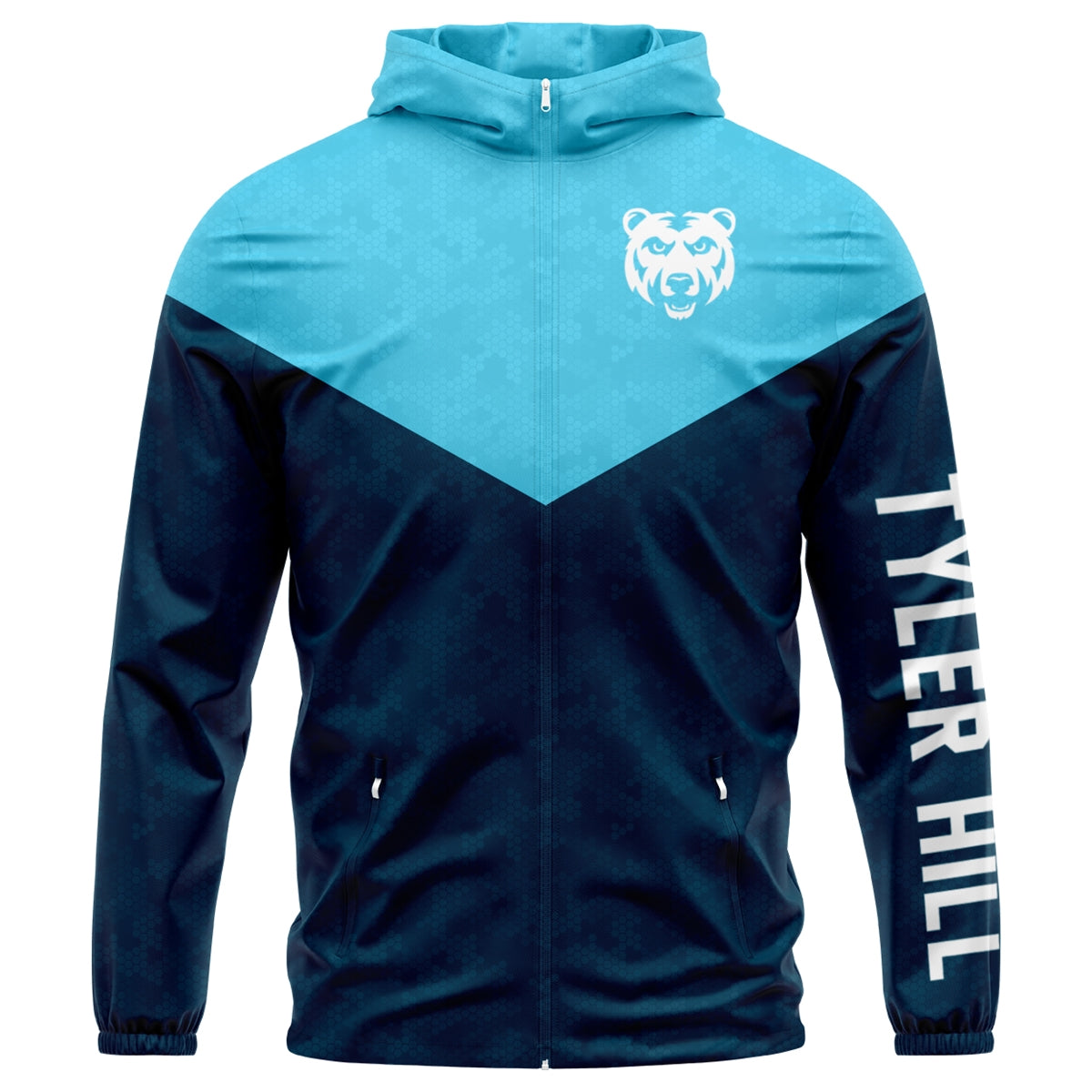 Light blue and navy zip up hooded windbreaker with bear logo and Tyler Hill text on sleeve