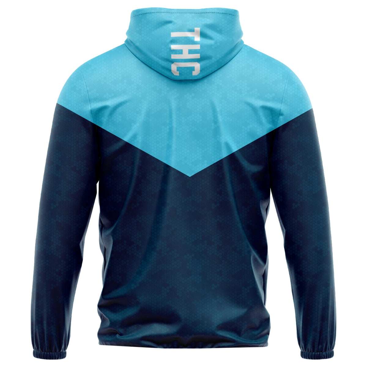 Back view of a blue and navy hooded windbreaker with THC logo on the hood