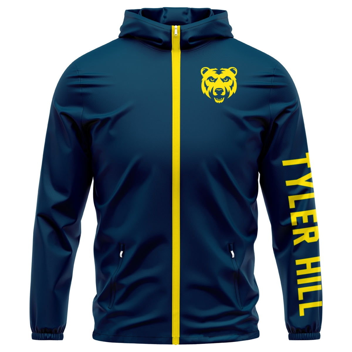 Navy blue hooded windbreaker with yellow zipper and Tyler Hill text on sleeve